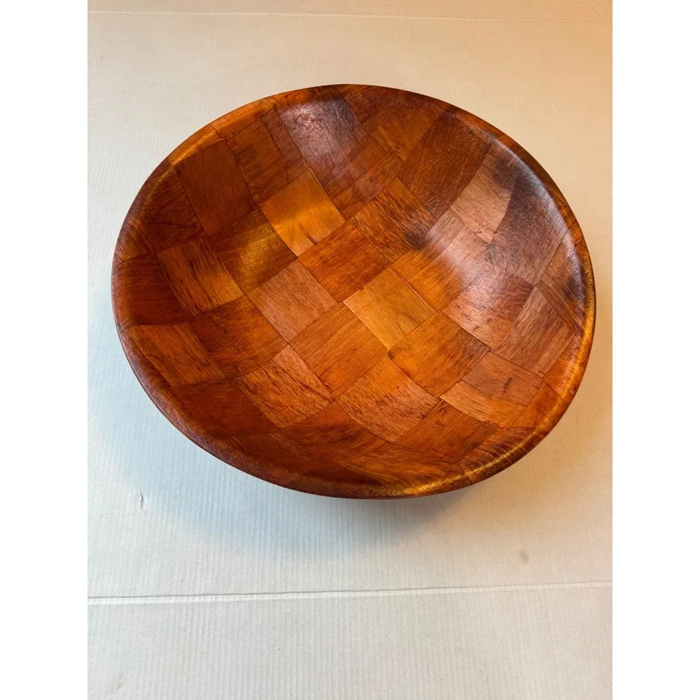 Vintage Large Woven Wood Salad Bowl 14 Inch Mid Century Serving Bowl Brown